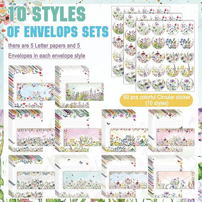 TaoBary 160 Packs Stationery Paper Set (50 Double Sided Stationery Writing Papers 50 Matching Envelopes) 60 Round Dot Sticker, 10 Design(Wildflower,8.5 x 11 Inch)