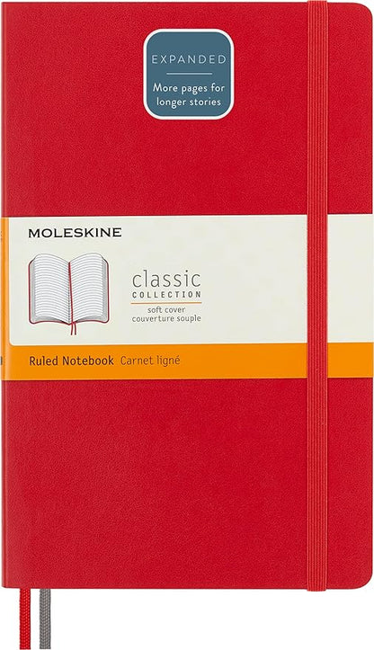 Moleskine Classic Expanded Notebook, Soft Cover, Large (5" x 8.25") Ruled/Lined, Red, 400 Pages