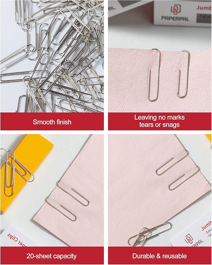 PAPERPAL Jumbo Paper Clips Smooth, 1000 Large Paperclips (10 Boxes of 100 Each), Bulk Paperclips for Office School & Personal Use, Daily DIY, 2" Silver Paper Clips Jumbo Size