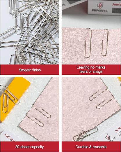 PAPERPAL Jumbo Paper Clips Smooth, 1000 Large Paperclips (10 Boxes of 100 Each), Bulk Paperclips for Office School & Personal Use, Daily DIY, 2" Silver Paper Clips Jumbo Size