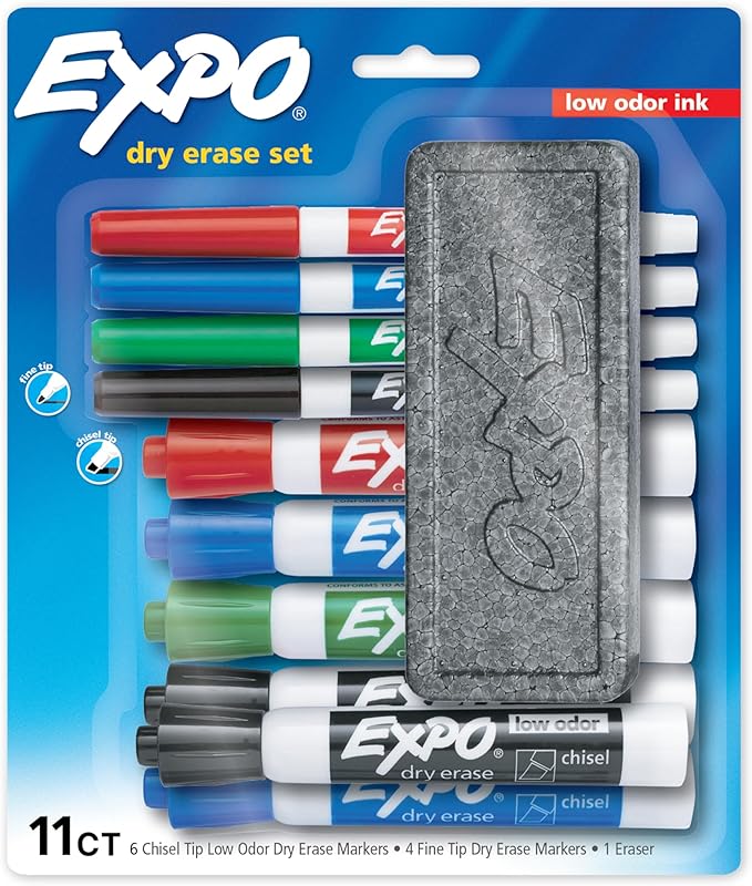 EXPO® Dry Erase Markers Set, Mixed Tip White Board Markers with White Board Eraser, Assorted Colors, 11 Count