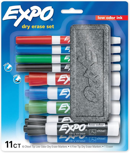 EXPO® Dry Erase Markers Set, Mixed Tip White Board Markers with White Board Eraser, Assorted Colors, 11 Count