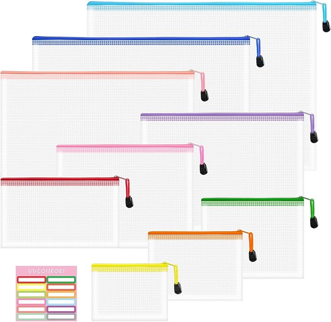 9pcs Mesh Zipper Pouch Bags, 9 Sizes Zipper Pouch, Mesh Bags With Zipper, Plastic Zipper Pouches, 9 Colors Zipper Pouches for Organizing, Board Game Storage, Travel, School Office organize