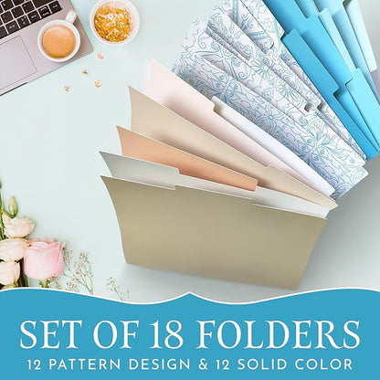 18 PCS Decorative File Folders Set, Stylish Design, Heavy Duty Letter Size Folders for Organizing Papers by Date or Day, Colorful Patterned File Folders for Home or Office Use
