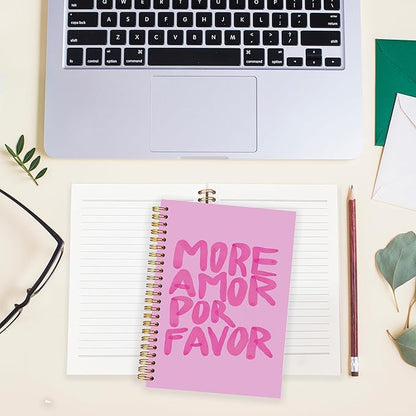 BearCake More Amore Por Favor Inspirational Notebooks, Pink Notebook Journal, Cute Trendy Notebook, Aesthetic Notebook, Notebooks for Work Note Taking, Hardcover Spiral Notebook 5.5x8.3