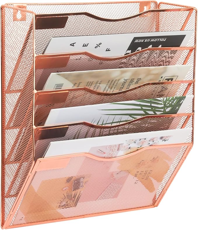 EASEPRES 5 Pocket Mesh Hanging Wall File Organizer, Wall Mounted Mail Paper Document Folder Holder, Clipboard Storage Organization Magazine Rack with Nametag Label for Office Home School, Rose Gold