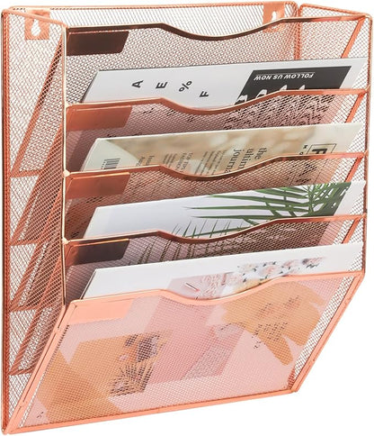 EASEPRES 5 Pocket Mesh Hanging Wall File Organizer, Wall Mounted Mail Paper Document Folder Holder, Clipboard Storage Organization Magazine Rack with Nametag Label for Office Home School, Rose Gold