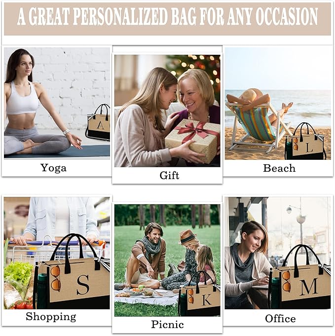 YOOLIFE Christmas Gifts for Women - Initial Jute Tote Bag & Makeup Bag, Birthday Gifts for Women Her Mom Teacher Friend