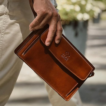 Time Resistance Leather Clutch for Men Organizer Wrist Bag Briefcase Handmade in Italy Gift Box Included