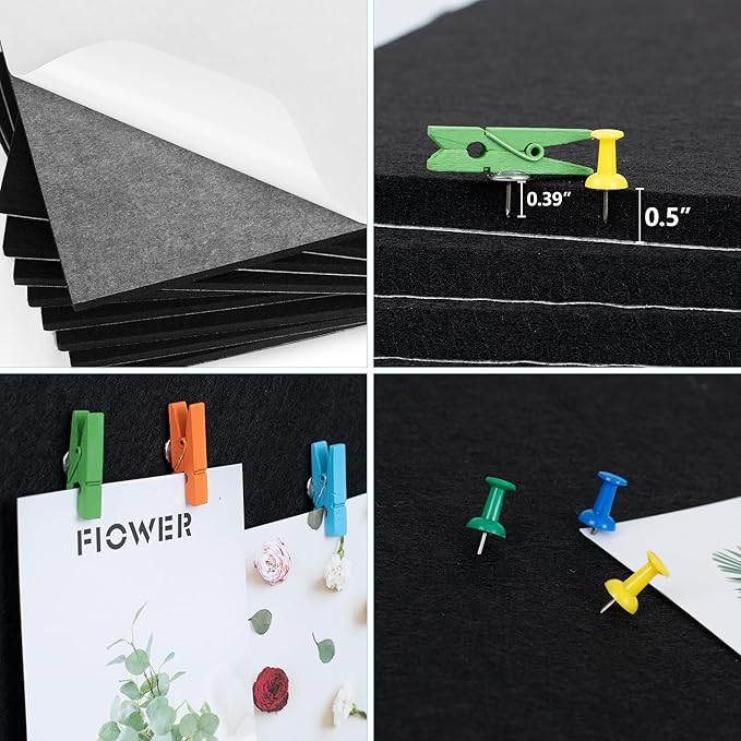 AKTOP Black Cork Bulletin Board 12x12, 1/2" Thick Felt Cork Board Tiles 9 Pack, Small Square Pin Board for Wall, Self Adhesive Corkboards with 120 Push Pin Wood Clips for School, Home & Office