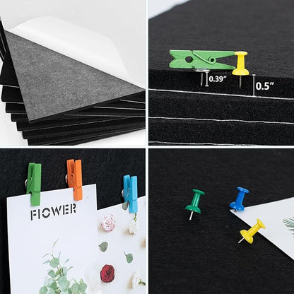 AKTOP Black Cork Bulletin Board 12x12, 1/2" Thick Felt Cork Board Tiles 9 Pack, Small Square Pin Board for Wall, Self Adhesive Corkboards with 120 Push Pin Wood Clips for School, Home & Office