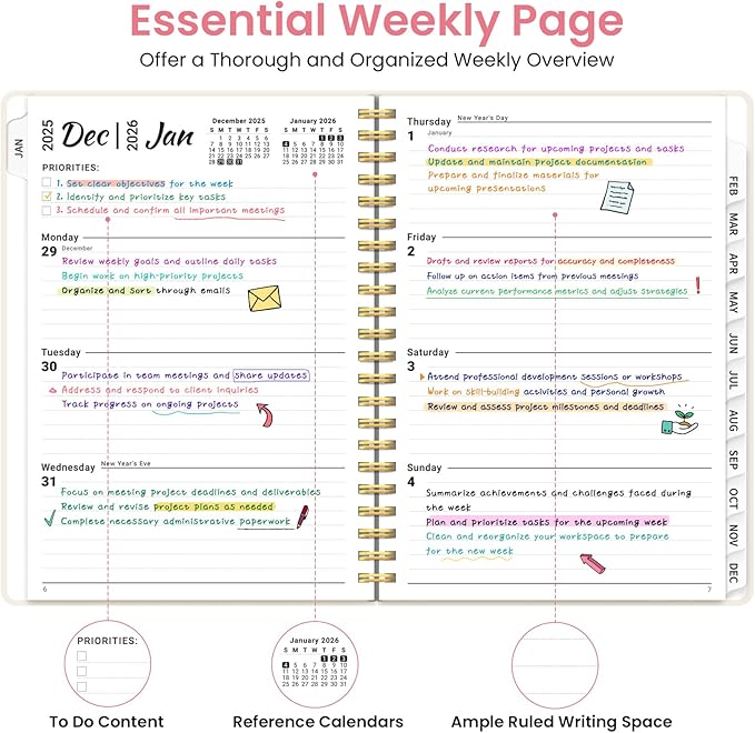 2026 Planner, Weekly and Monthly Planner for Women, January 2026 to December 2026, Pretty Hardcover 2026 Calendar Planner Book with Tabs, Inner Pocket, Spiral Bound, Perfect Office Home School Supplies - 6.3" x 8.5", Whimsical Bits