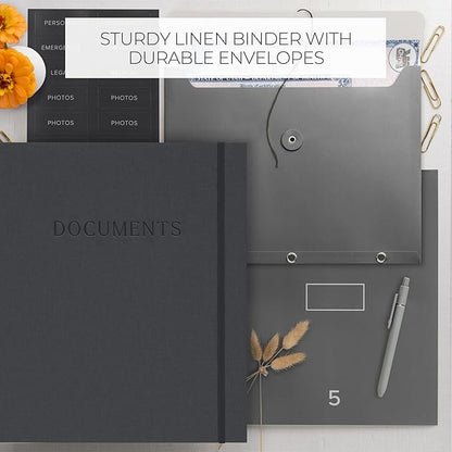 Aesthetic Document Organizer - Sturdy Linen 3-Ring Binder Safely Stores All Your Important Documents and Files in One Place - Easy to Use Expanding Storage Folder Incl. Envelopes, Pockets & Labels