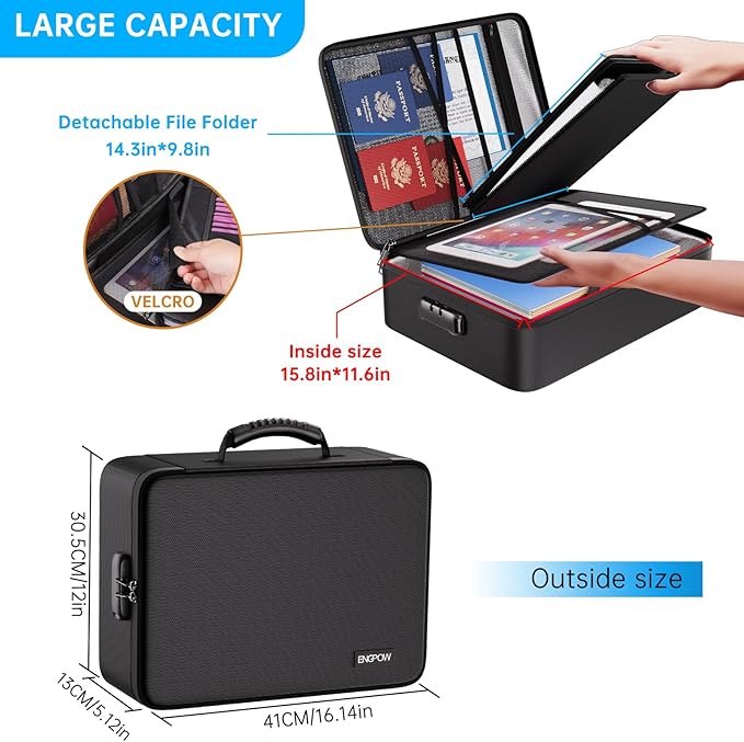 ENGPOW Fireproof Document Box with Lock,5200℉ Soft Case Fireproof Box with 25 Pocket Accordion File Folder,Multi-Layer Fireproof Water Resistant Safe Box File Organizer for Important Documents,Laptop