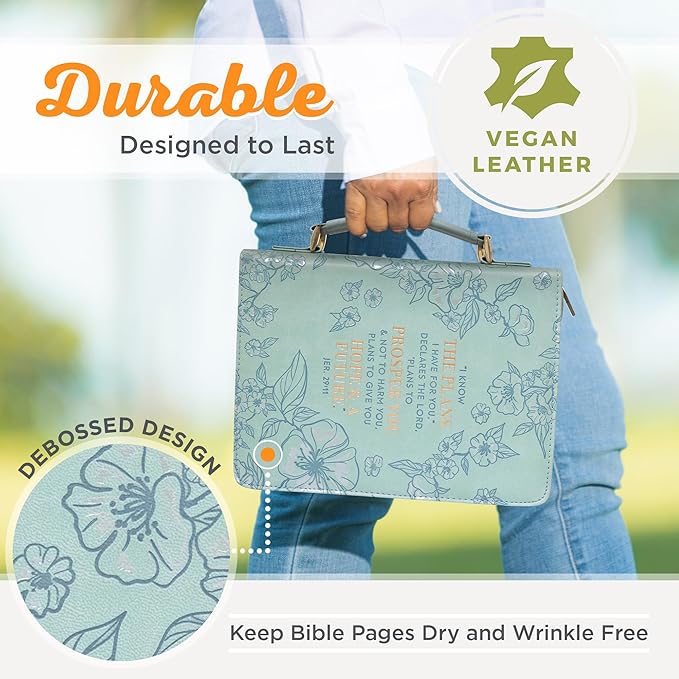 Christian Art Gifts Faux Leather Fashion Bible Cover: I Know The Plans I Have for You - Jeremiah 29:11 Inspirational Bible Verse, Debossed Floral Teal Design, Large