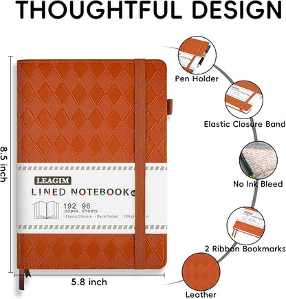 Lined Journal Notebook for Women Men, 192 Pages 100 GSM Thick Paper, Hardcover | Embossed Leather Journals for Writing, A5 College Ruled | Business, Work & School, 5.8"×8.5"(Brown)