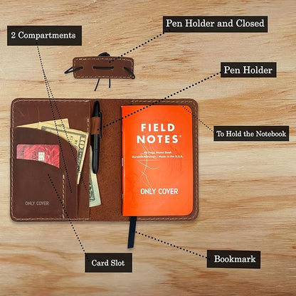 Leather Cover for Field Notes, Passport Cover, Leather Notebook Cover for 3.5" x 5.5" with Pen Holder, Only Cover (Bourbon)