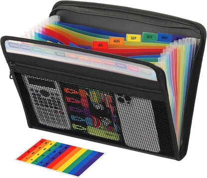 H4D Zippered Accordion File Organizer with Front Mesh Pouch, 13 Pocket Expanding File Folder, Fit for Documents Letter Size A4 Papers, Black