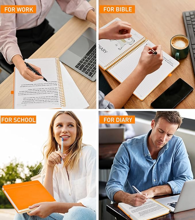 A4 Spiral Notebook Journal 8.5” x 11”, 256 Numbered Pages Hardcover Leather Journals for Women Men, Large Lined College Ruled Notebooks, 100GSM Thick Paper, Spiral Bound Journal for Work School Orange