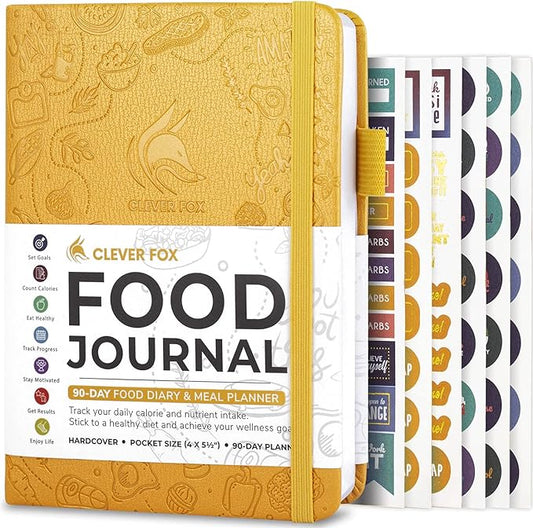 Clever Fox Food Journal Pocket - Daily Food Diary, Meal Planner to Track Calories & Nutrients, Weight Loss Tracker Notebook, 4x5.5” (Amber Yellow)