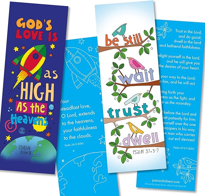 Christian Colouring Bookmarks, Psalms, Pack of 10 Different Designs, with Coloured Bible Verse on Reverse. Makes a Great Christian Gift for Adults or Children, by Just Cards Direct. (White/EPBM)