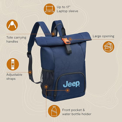 Jeep JS016D Rolltop Travel Backpack, Black, 17" Laptop