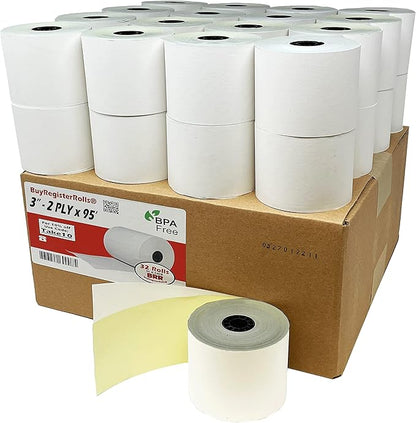 (32 Rolls) 2 Ply Carbonless Rolls 3" X 95 Feet White/Yellow Receipt Paper POS Cash Register Two Ply White/Canary for Star Micronics SP700 SP2000 UP389 Omni 480 TMU 220 250 Require Ribbons ERC30/34/38