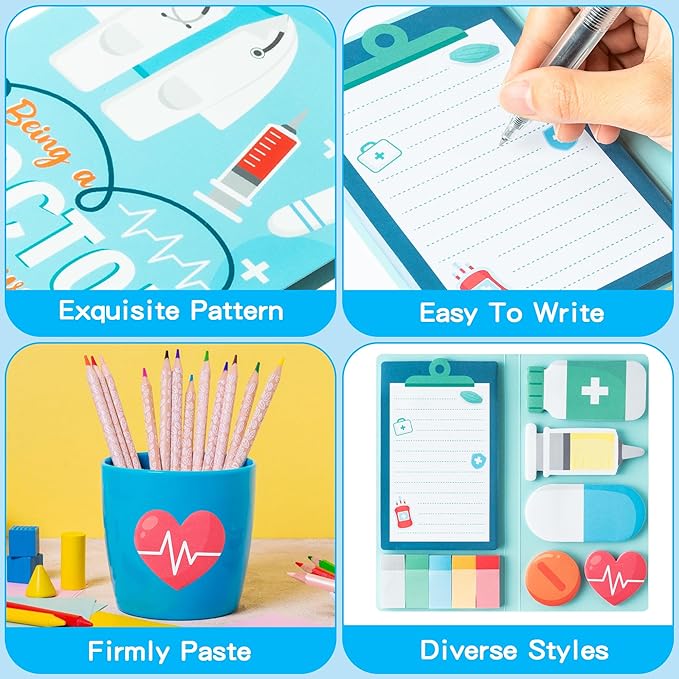 B1ykin Sticky Notes Set - Cartoon Theme Cute Self-Stick Notes Pad Teacher Appreciation Gifts， Self-Adhesive Writing Memo Pages Sticky to Do Notepad for Kids Employee School Office (Doctor)