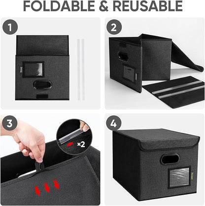 BALEINE File Organizer Box with Lid, Collapsible File Folder Organizer with Plastic Slide, Hanging File Folder Box for Office Document Storage (2 Pack, Black)