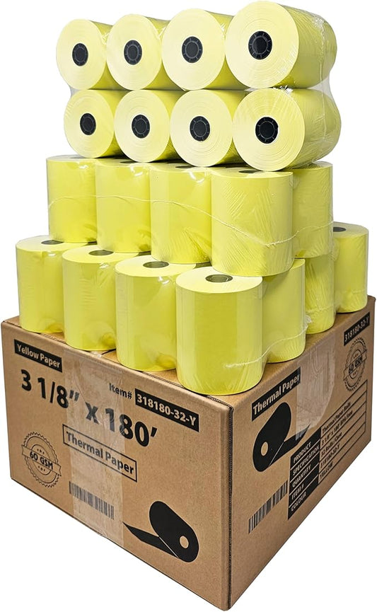 (32 Rolls) 3 1/8 x 180 Yellow Thermal Paper Receipt Rolls (55GSM Paper Thickness) fits all Clover POS Cash Register Printers, Blue Thermal Paper from BuyRegisterRolls