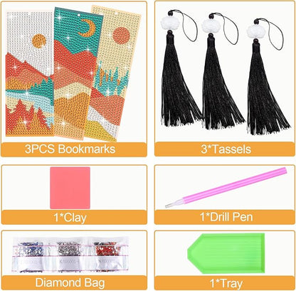 Anseal 3 Pcs 5D Diamond Bookmarks Painting for Book Lovers, PU Leather Fall Diamond Art DIY Bookmark for Women Girls, Tassel Beaded Book Mark for Graduation Birthday Reading Present