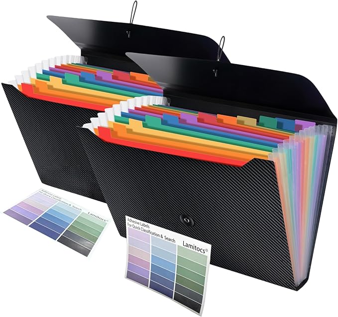 2 PCS Expanding File Folder A4,13 Pockets File Organiser with Colored Tags, Paperwork A4 Plastic Wallet Document Storage Expander for School,Office and Home, Black(Color), 2