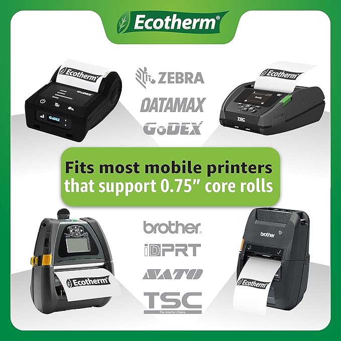 4" x 2" Mobile Printer Labels | 25 Rolls | 7500 Labels | fits Zebra ZQ630, QL420, and QLn420 Printers | Black Mark On Liner | .75" Core Rolls | by Ecotherm