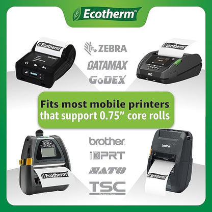 4" x 2" Mobile Printer Labels | 25 Rolls | 7500 Labels | fits Zebra ZQ630, QL420, and QLn420 Printers | Black Mark On Liner | .75" Core Rolls | by Ecotherm