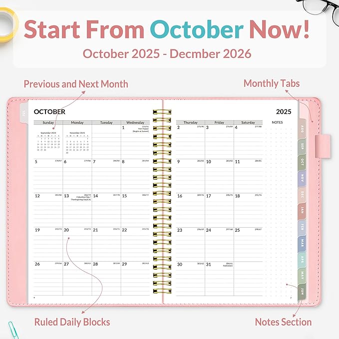 SUNEE 2026 Weekly & Monthly Planner 6.4"x8.5"- 12 Month (January 2026 - December 2026), Vegan Leather Cover, Pocket, Bookmark, Notes, Monthly Tab, Peach Pink