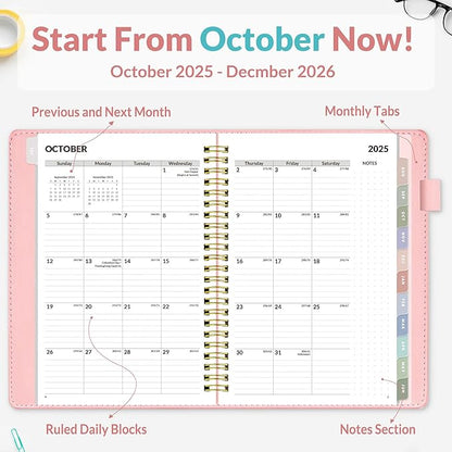 SUNEE 2026 Weekly & Monthly Planner 6.4"x8.5"- 12 Month (January 2026 - December 2026), Vegan Leather Cover, Pocket, Bookmark, Notes, Monthly Tab, Peach Pink