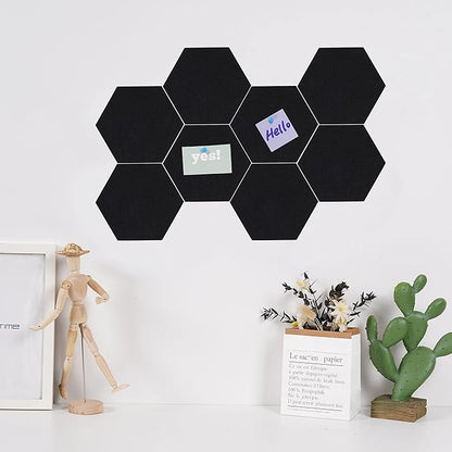 LAJAR 8 Pcs Hexagon Felt Bulletin Board Tiles, Self Adhesive Felt Pin Board Wall Tiles for Photos, Pictures, Memos (Black)