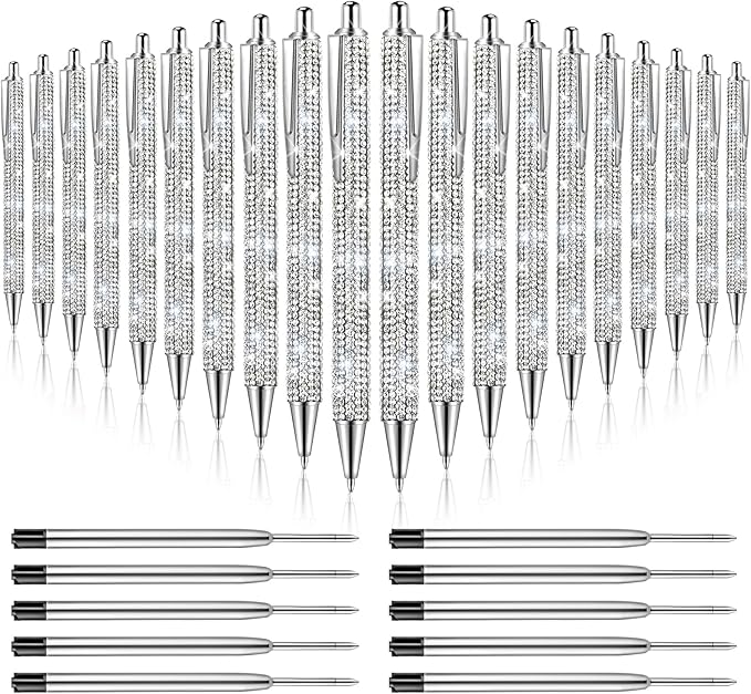 20Pcs Rhinestone Metal Ballpoint Pens Bling Pens Bulk Fancy Sparkly Crystal Diamond Pens Press Retractable Black Ink 0.7mm For Women Office Meeting Birthday Supplies Wedding Gifts(Silver)