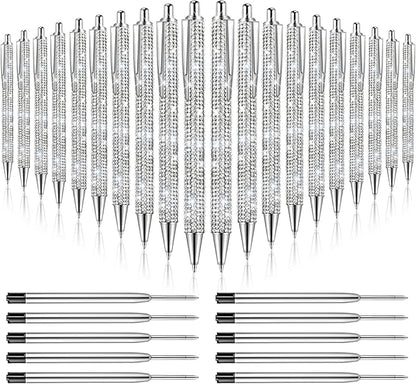 20Pcs Rhinestone Metal Ballpoint Pens Bling Pens Bulk Fancy Sparkly Crystal Diamond Pens Press Retractable Black Ink 0.7mm For Women Office Meeting Birthday Supplies Wedding Gifts(Silver)