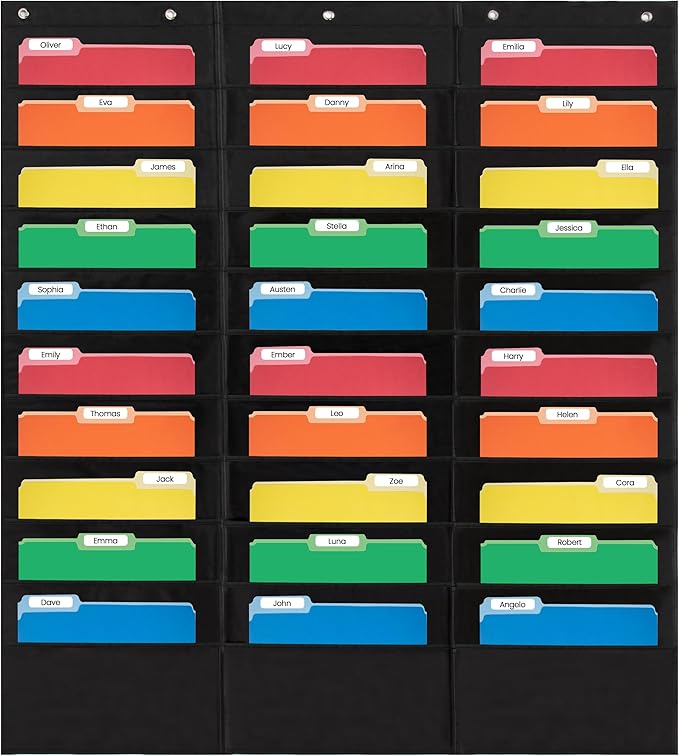 30 Pocket File Pocket Chart, Black, 42" Wide x 47" Tall - Versatile Wall Hanging File Folder Organizer for Classroom, Office, Home, and More - Wall Folder Organizer - 30 Pockets