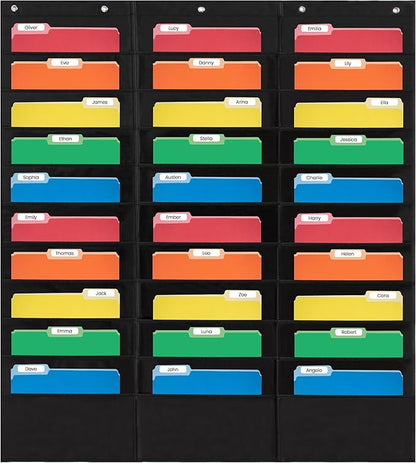 30 Pocket File Pocket Chart, Black, 42" Wide x 47" Tall - Versatile Wall Hanging File Folder Organizer for Classroom, Office, Home, and More - Wall Folder Organizer - 30 Pockets