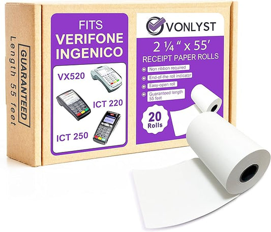 Thermal Paper Roll 2 1/4 x 55 for Verifone Vx520 Ingenico ICT220 ICT250 FD400 (20 rolls)