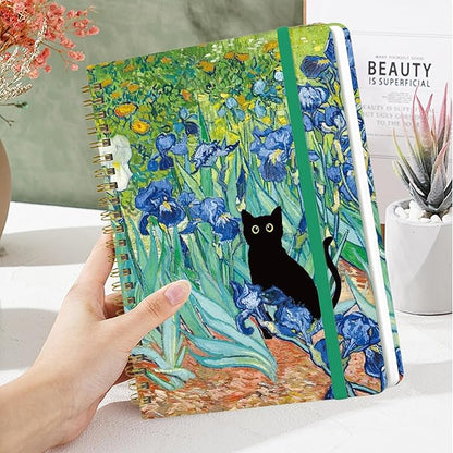 Yoiilifee Spiral Notebook - A5 Spiral Notebooks, 8.3'' × 5.8'', 160 Pages, Aesthetic Journaling Notebooks for Women, College Lined Notebook with Elastic Closure, Back Pocket, for School Office, CatB