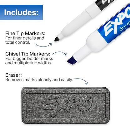 EXPO® Dry Erase Markers Set, Mixed Tip White Board Markers with White Board Eraser, Assorted Colors, 11 Count