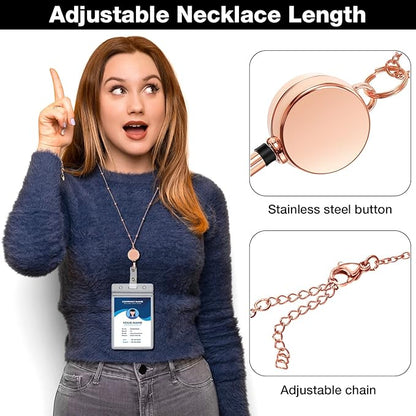 Outus 2 Pieces Badge Lanyard with ID Holders Stainless Steel Badge Holders Necklace Retractable Reel Clip Chain Water Resistant Name(Rose Gold)