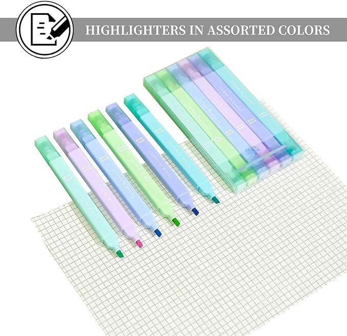 Aesthetic Cute Pastel Highlighters Set, 6 count, Mild Assorted Colors Candy Highlighters, Chisel Tip，No Bleed Bible Marker Pen, Study Journaling School Supplies Planner