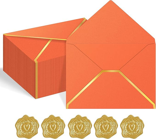 60 Pack Gold Envelopes 5x7 Orange, 250G Pearled Cardstock A7 Envelopes for Invitations Business Mailing Envelope with Gold Foil Border, A6 4x6 Envelopes for Wedding Baby Shower Cards