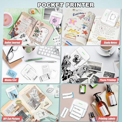 Mini Thermal Printer, Inkless Sticker Printer with 10 Rolls Printing Paper for Android or iOS APP, Portable Bluetooth Printer, Mini Pocket Printer for Journal, Notes, Kids Gift, Receipts