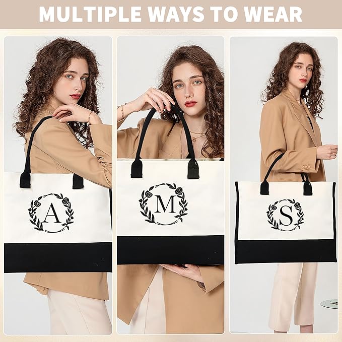 YOOLIFE Christmas Gifts for Women - Initial Canvas Tote Bag & Makeup Bag, Birthday Gifts for Women Her Mom Teacher Friend