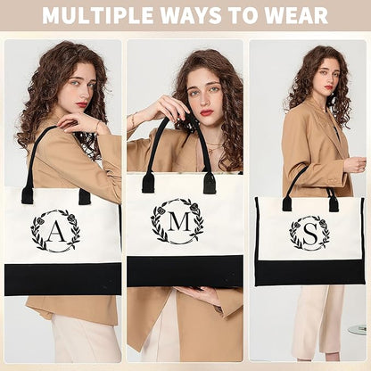YOOLIFE Christmas Gifts for Women - Initial Canvas Tote Bag & Makeup Bag, Birthday Gifts for Women Her Mom Teacher Friend